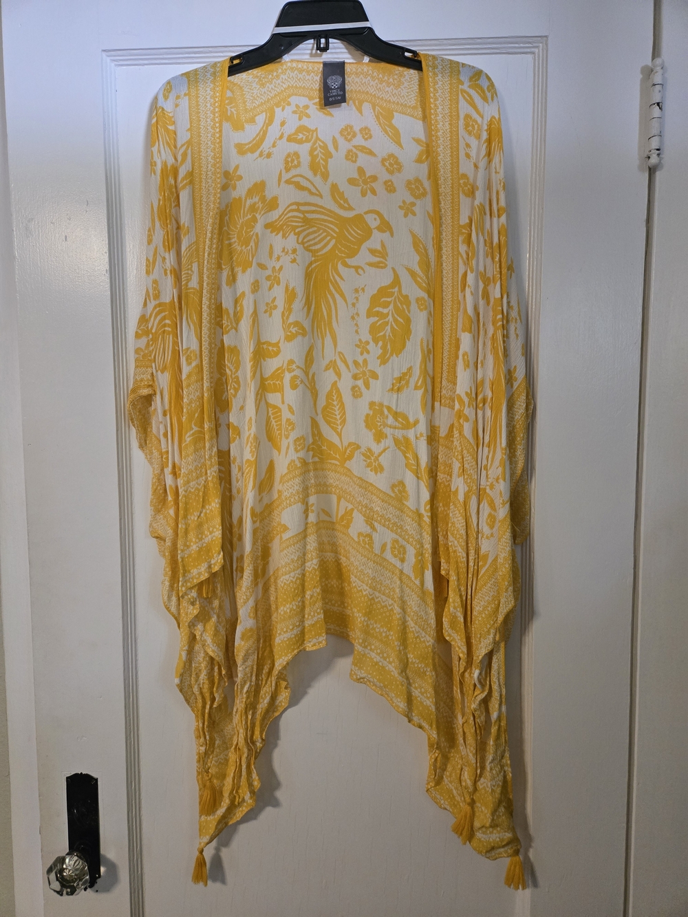 Vince Camuto Yellow and White Bird-Print Kimono Coverup